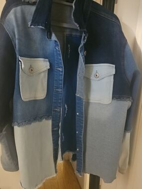 Ashley Stewart Two-Tone Patchwork Denim Jacket in Light and Dark Blue